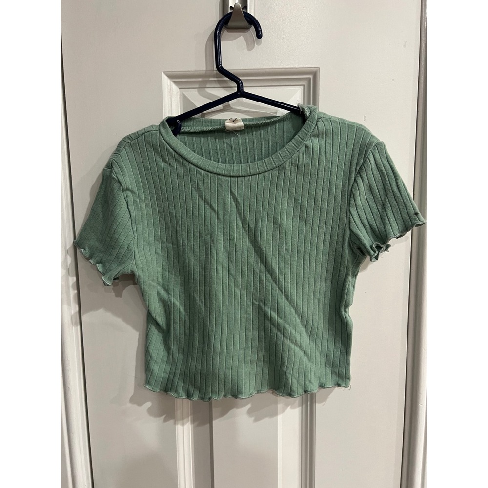 Sage Green Ribbed Lettuce Edge Crop Top Girls Size 10Y EU 140 Short Sleeve Tee